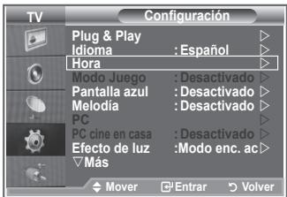 TV Configuración Plug & Play Idioma : Español Hora Modo Juego : Desactivado Pantalla azul : Desactivado Melodia : Desactivado PC PC cine en casa : Desactivado Efecto de luz : Modo enc. ac > Más Mover Enrar Volver