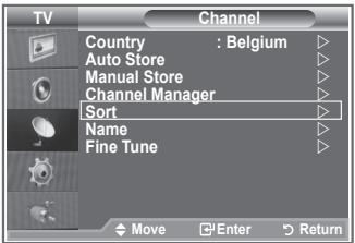 TV Channel Country : Belgium Auto Store Manual Store Channel Manager Sort Name Fine Tune Move Enter Return