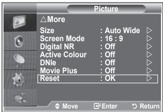 Picture △More Size : Auto Wide ▷ Screen Mode : 16 : 9 ▷ Digital NR : Off ▷ Active Colour : Off ▷ DNle : Off ▷ Movie Plus : Off ▷ Reset : OK ▷ Move Enter Return