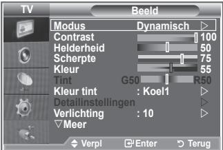 TV Modus Contrast Helderheid Scherpte Kleur Tint Kleur tint : Koel1 Detailinstellingen Verlichting : 10 Meer Beeld Dynamisch 100 50 75 55 R50 Verpi Enter Terug