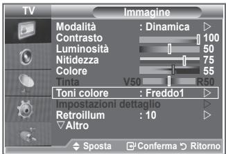 TV Imagine Modalità : Dinamica Contrasto 100 Luminosità 50 Nitidezza 75 Colore 55 Tinta V50 R50 Toni colore : Freddo1 Impostazioni dettaglio Retroillum 10 Altro Sposta Conferma Ritorno