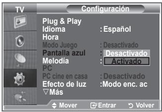 TV Configuración Plug & Play Idioma : Español Hora Modo Juego : Desactivado Pantalla azul : Desactivado Melodia : Activado PC PC cine en casa : Desactivado Efecto de luz : Modo enc. ac ▼ Más Mover □ Entran ▶ Volver