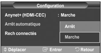 Configuration Anynet+ (HDMI-CEC) : Marche Arrêt automatique Arrêt Rech connectés Marche Déplacer Entrer Retour