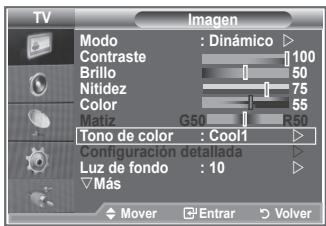 TV Imagen Modo : Dinámico Contraste 100 Brillo 50 Nitidez 75 Color 55 Matiz G50 R50 Tono de color : Cool1 Configuración detallada Luz de fondo : 10 Más Mover Enrar Volver
