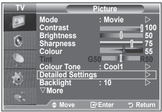 TV Picture Mode : Movie Contrast 100 Brightness 50 Sharpness 75 Colour 55 Tint G50 R50 Colour Tone : Cool1 Detailed Settings Backlight : 10 More Move Enter Return