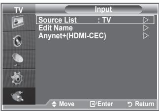 TV Source List : TV Edit Name Anynet+(HDMI-CEC) Move Enter Return