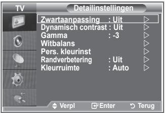TV Zwartaanpassing : Uit Dynamisch contrast : Uit Gamma : -3 Witbalans Pers. kleurinst Randverbetering : Uit Kleurruimte : Auto Verpi Enter Terug