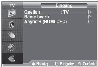 TV Eingang Quellen : TV Name bearb Anynet+ (HDMI-CEC) Navig Eingabe Zurück