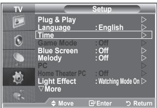 TV Setup Plug & Play Language : English Time Game Mode : Off Blue Screen : Off Melody : Off PC Home Theater PC : Off Light Effect : Watching Mode On More Move Enter Return