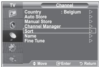TV Channel Country : Belgium Auto Store Manual Store Channel Manager Sort Name Fine Tune Move Enter Return