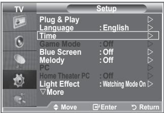 TV Setup Plug & Play Language : English Time Game Mode : Off Blue Screen : Off Melody : Off PC Home Theater PC : Off Light Effect : Watching Mode On More Move Enter Return