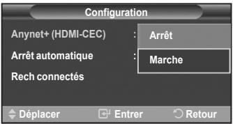 Configuration Anynet+ (HDMI-CEC) : Arrêt Arrêt automatique : Marche Rech connectés Déplacer Entrer Retour