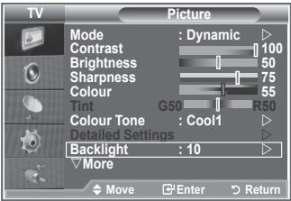 TV Picture Mode : Dynamic Contrast 100 Brightness 50 Sharpness 75 Colour 55 Tint G50 R50 Colour Tone : Cool1 Detailed Settings Backlight : 10 More Move Enter Return