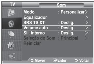 TV SOM Modo : Personalizar > Equalizador SRS TS XT : Deslig. Volume auto : Deslig. Sil. interno : Deslig. Seleção do Som : Principal Reiniciar Mover Enter Voltar