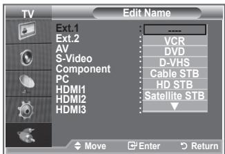 TV Edit Name Ext.1 Ext.2 AV S-Video Component PC HDMI1 HDMI2 HDMI3 VCR DVD D-VHS Cable STB HD STB Satellite STB Move Enter Return