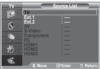 TV Source List TV Ext.1 Ext.2 AV S-Video Component PC HDMI1 HDMI2 HDMI3 Move Enter Return