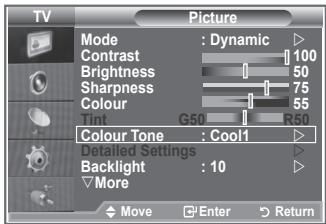 TV Picture Mode : Dynamic Contrast 100 Brightness 50 Sharpness 75 Colour 55 Tint G50 R50 Colour Tone : Cool1 Detailed Settings Backlight 10 More Move Enter Return