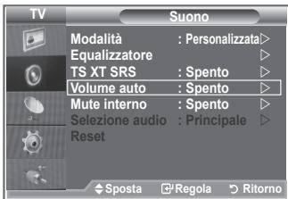 TV Suono Modalità : Personalizzata > Equalizzatore TS XT SRS : Spento Volume auto : Spento Mute interno : Spento Selezione audio : Principale Reset Sposta Regola Ritorno