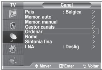 TV Canal País : Bélgica Memor. auto Memor. manual Gestor canais Ordenar Nome Sintonia fina LNA : Deslig Mover Enter Voltar