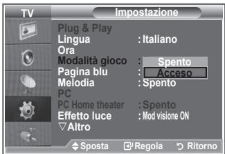 TV Plug & Play Lingua : Italiano Ora Modalità gioco : Spento Pagina blù : Acceso Melodia : Spento PC PC Home theater : Spento Effetto luce : Mod visione ON Altro Sposta Regola Ritorno