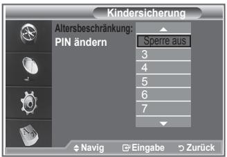 Kindersicherung Altersbeschränkung: PIN ändern Sperre aus 3 4 5 6 7 ♦ Navig ☐Eingabe ➡Zurück