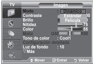 TV Imagen Modo : Dinámico Contraste : Estándar 00 Brillo : Película 0 Nitidez : 75 Color : 55 Matiz : G50 R50 Tono de color : Cool1 Configuración detallada Luz de fondo : 10 ▼ Más Mover □ Entrar ▷ Volver