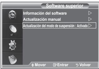 Software superior Información del software Actualización manual Actualización del modo de suspensión : Activado Mover Enrar Volver