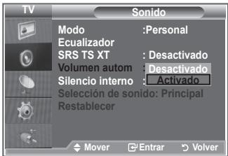 TV Sonido Modo :Personal Ecualizador SRS TS XT : Desactivado Volumen autom : Desactivado Silencio interno : Activado Selección de sonido: Principal Restablecer Mover Enrar Volver