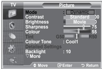 TV Picture Mode : Dynamic Contrast Standard 100 Brightness Movie 0 Sharpness 75 Colour 55 Tint G50 R50 Colour Tone Cool1 Detailed Settings Backlight : 10 More Move Enter Return