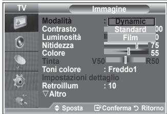 TV Imagine Modalità : Dynamic Contrasto Standard 00 Luminosità Film 0 Nitidezza 75 Colore 55 Tinta V50 R50 Toni colore : Freddo1 Impostazioni dettaglio Retroillum : 10 Altro Sposta Conferma Ritorno
