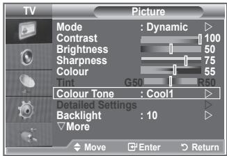 TV Picture Mode : Dynamic Contrast 100 Brightness 50 Sharpness 75 Colour 55 Tint G50 R50 Colour Tone : Cool1 Detailed Settings Backlight : 10 More Move Enter Return