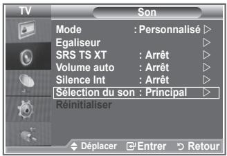 TV Son Mode : Personnalisé ▷ Egaliseur ▷ SRS TS XT : Arrêt ▷ Volume auto : Arrêt ▷ Silence Int : Arrêt ▷ Sélection du son : Principal ▷ Réinitialiser Déplacer Entrer Retour