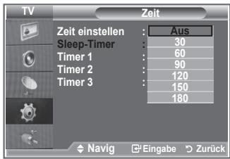 TV Zeit Zeit einstellen : Aus Sleep-Timer : 30 Timer 1 : 60 Timer 2 : 90 Timer 3 : 120 Timer 3 : 150 180 Navig Eingabe Zurück