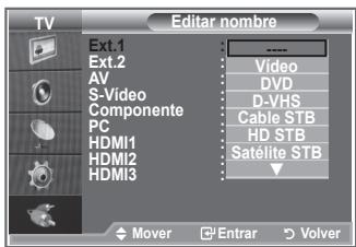 TV Ext.1 Ext.2 AV S-Video Componente PC HDMI1 HDMI2 HDMI3 Editor nombre Video DVD D-VHS Cable STB HD STB Satélite STB Mover Entrar Volver