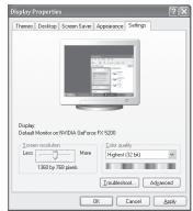 Display Properties Themed Desktop Screen Save Appearance Settings Display: Default Monitor on NVIDIA GeForce Fi 5200 Screen resolution More Color quality Less More Highest (32.64) 1362 by 700 pixels E:\EnableView\Advanced OK Cancel Apply