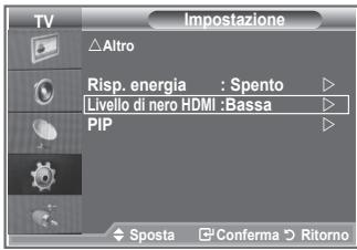TV Impostazione △Altro Risp. energia : Spento ▷ Livello di nero HDMI :Bassa ▷ PIP ▷ ◆ Sposta □ Conferma ▶ Ritorno
