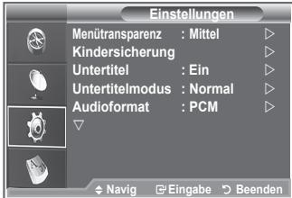Einstellungen Menütransparenz : Mittel Kindersicherung Untertitel : Ein Untertitelmodus : Normal Audioformat : PCM Navig Eingabe Beenden