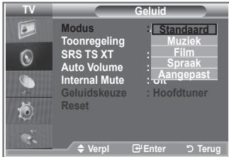 TV Modus : Standard Toonregeling : Muziek SRS TS XT : Film Auto Volume : Sprak Internal Mute : Aangepast Geluidskeuze : On Reset : Hoofdtuner Verpl Enter Terug