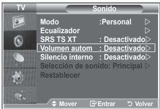 TV Sono Modo : Personal Ecualizador SRS TS XT : Desactivado Volumen autom : Desactivado Silencio Interno : Desactivado Selección de sonido: Principal Restablecer Mover Enrar Volver