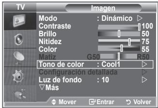 TV Imagen Modo : Dinámico Contraste 100 Brillo 50 Nitidez 75 Color 55 Matiz G50 R50 Tono de color : Cool Configuración detallada Luz de fondo : 10 Más Mover Enrar Volver