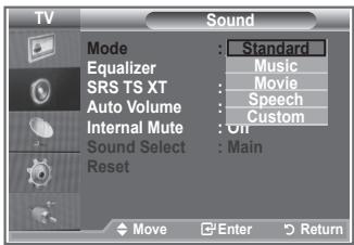 TV Sound Mode : Standard Equalizer : Music SRS TS XT : Movie Auto Volume : Speech Internal Mute : Custom Sound Select : On Reset : Main Move Enter Return