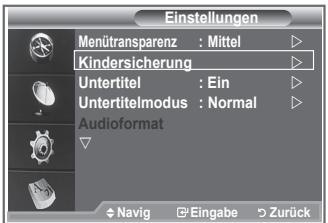 Einstellungen Menütransparenz : Mittel Kindersicherung Untertitel : Ein Untertitelmodus : Normal Audioformat Navig Eingabe Zurück