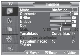 TV Imagem Modo : Dinâmico Contraste 100 Brilho 50 Nitidez 75 Cor 55 Matiz Vr50 Vm50 Tonalidade : Cores frias1 Definições detalhadas Retroiluminação : 10 Mais Mover Enter Voltar