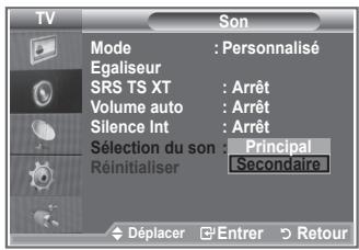 TV Son Mode : Personnalisé Egaliseur SRS TS XT : Arrêt Volume auto : Arrêt Silence Int : Arrêt Sélection du son : Principal Réinitialiser : Secondaire Déplacer Entrer Retour