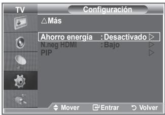 TV Configuración △Más Ahorro energía : Desactivado ▶ N.leg HDMI : Bajo ▶ PIP Mover □ Entrar ▷ Volver