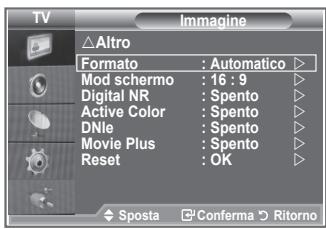 TV Altro Formato : Automatico Mod schermo : 16 : 9 Digital NR : Spento Active Color : Spento DNle : Spento Movie Plus : Spento Reset : OK ◆ Sposta □ Conferma ▶ Ritorno