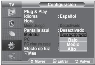 TV Configuración Plug & Play Idioma : Español Hora Modo Juego : Desactivado Pantalla azul : Desactivado Melodia : Desactivado PC PC cine en casa : Bajo Efecto de luz : Medio ▼ Más : Alto Mover Enrar Volver