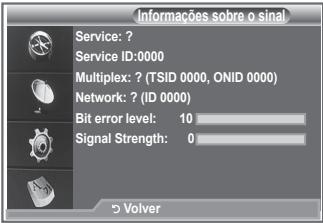 Informações sobre o sinal Service: ? Service ID:0000 Multiplex: ? (TSID 0000, ONID 0000) Network: ? (ID 0000) Bit error level: 10 Signal Strength: 0 Volver