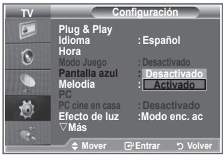 TV Configuración Plug & Play Idioma : Español Hora Modo Juego : Desactivado Pantalla azul : Desactivado Melodía : Activado PC PC cine en casa : Desactivado Efecto de luz : Modo enc. ac Más Mover Enrar Volver