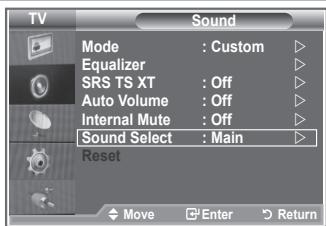 TV Sound Mode : Custom ▶ Equalizer ▶ SRS TS XT : Off ▶ Auto Volume : Off ▶ Internal Mute : Off ▶ Sound Select : Main ▶ Reset Move Enter Return